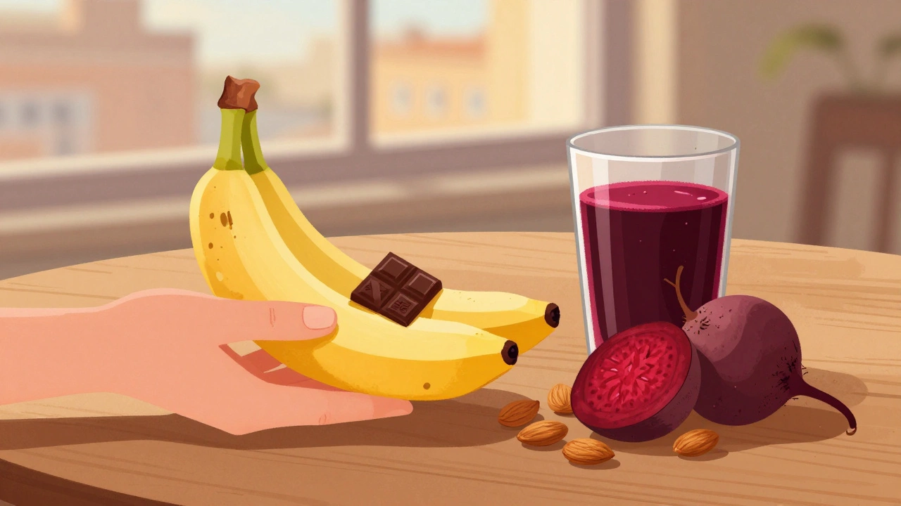 Рука держит банан и кусочек тёмного шоколада рядом с соком из свёклы и орехами