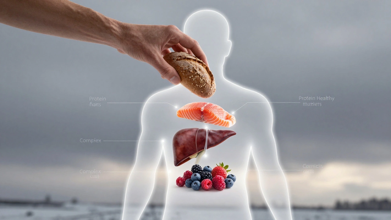 Рука кладет здоровые продукты в силуэт человека, символизируя питательные элементы для тела.