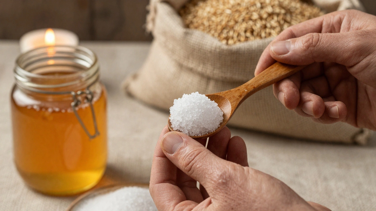 Руки разбивают слежавшийся сахар и соль, рядом — герметичная банка с медом и мешки с зерном.