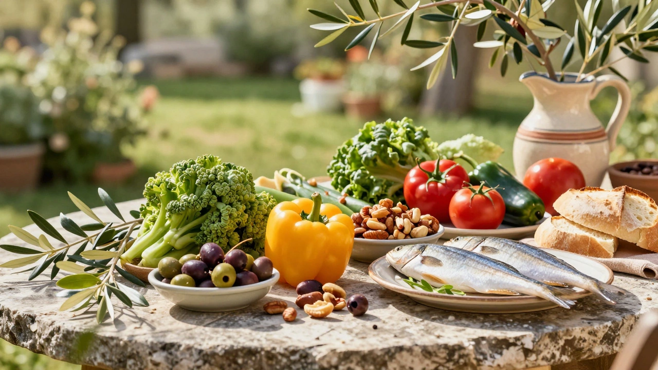 Средиземноморская еда с овощами и оливковым маслом на столе