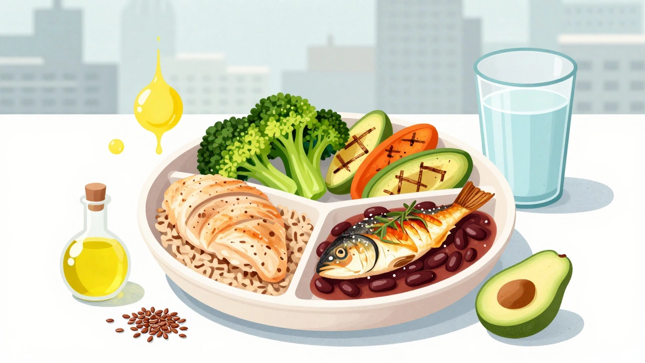 Тарелка сбалансированного обеда: курица, брокколи, бурый рис и запеченная рыба с овощами.