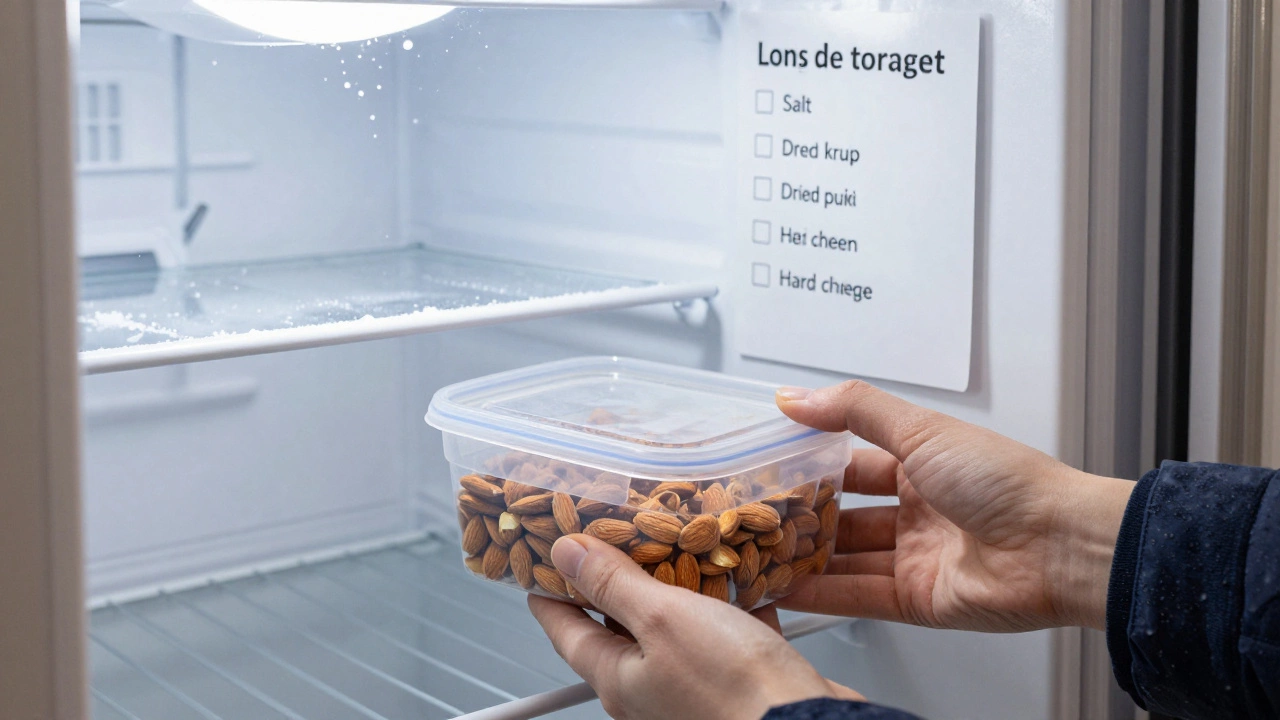 Замороженные орехи в контейнере, на стене — список продуктов для долгого хранения.