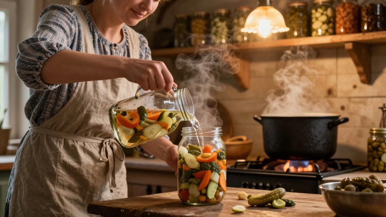 Женщина заливает кипящий рассол в банку с овощами в деревенской кухне.