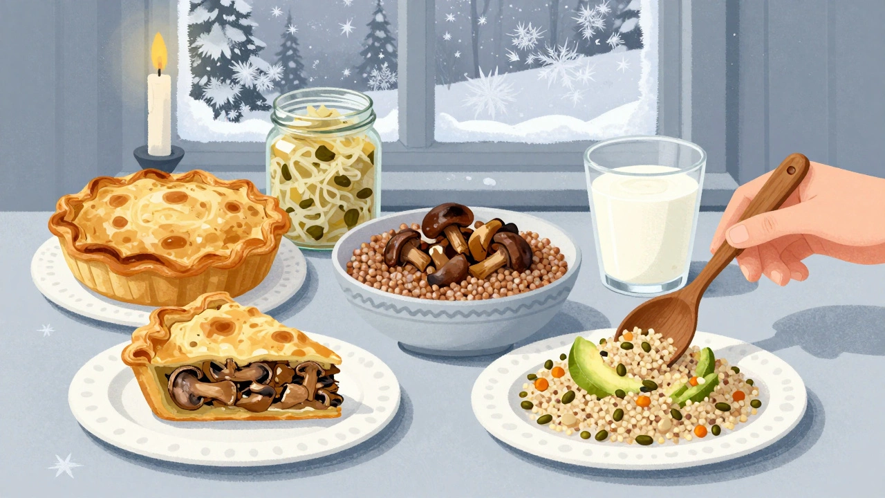 Зимний стол с пирогом из грибов, гречкой и квашеной капустой в русском стиле.