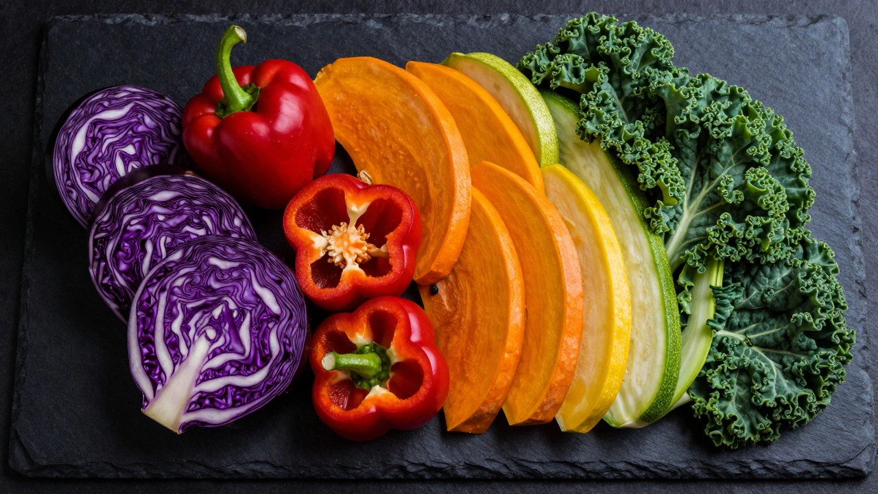 Яркое разнообразие овощей, расположенных в виде радуги на темном блюде
