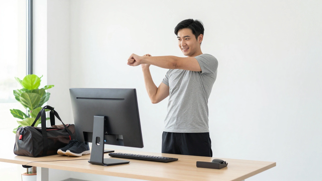 Человек делает разминку у рабочего стола в светлом современном офисе