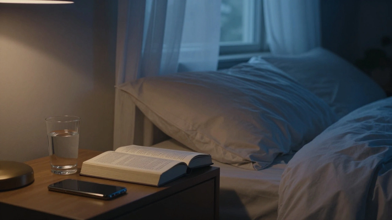 Книга и стакан воды на прикроватной тумбе в уютной темной спальне