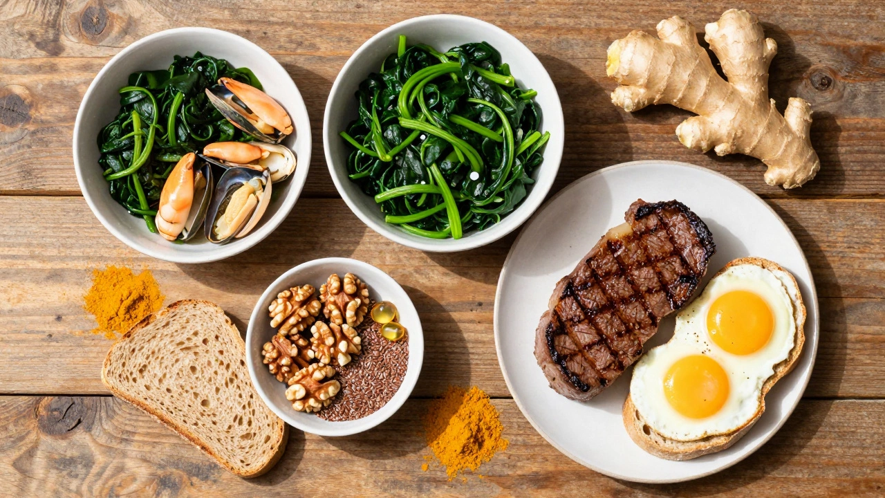 Набор полезных продуктов: мясо, морепродукты, орехи и имбирь