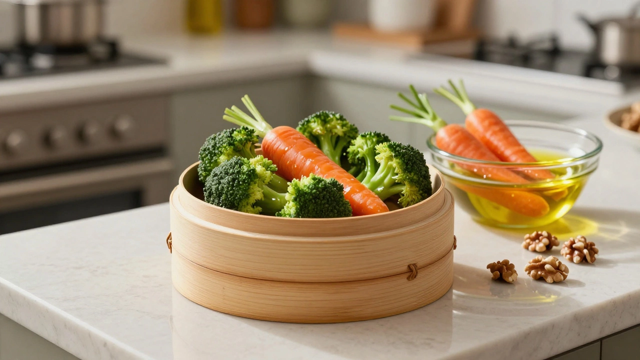 Овощи на пару в бамбуковой пароварке и морковь с оливковым маслом