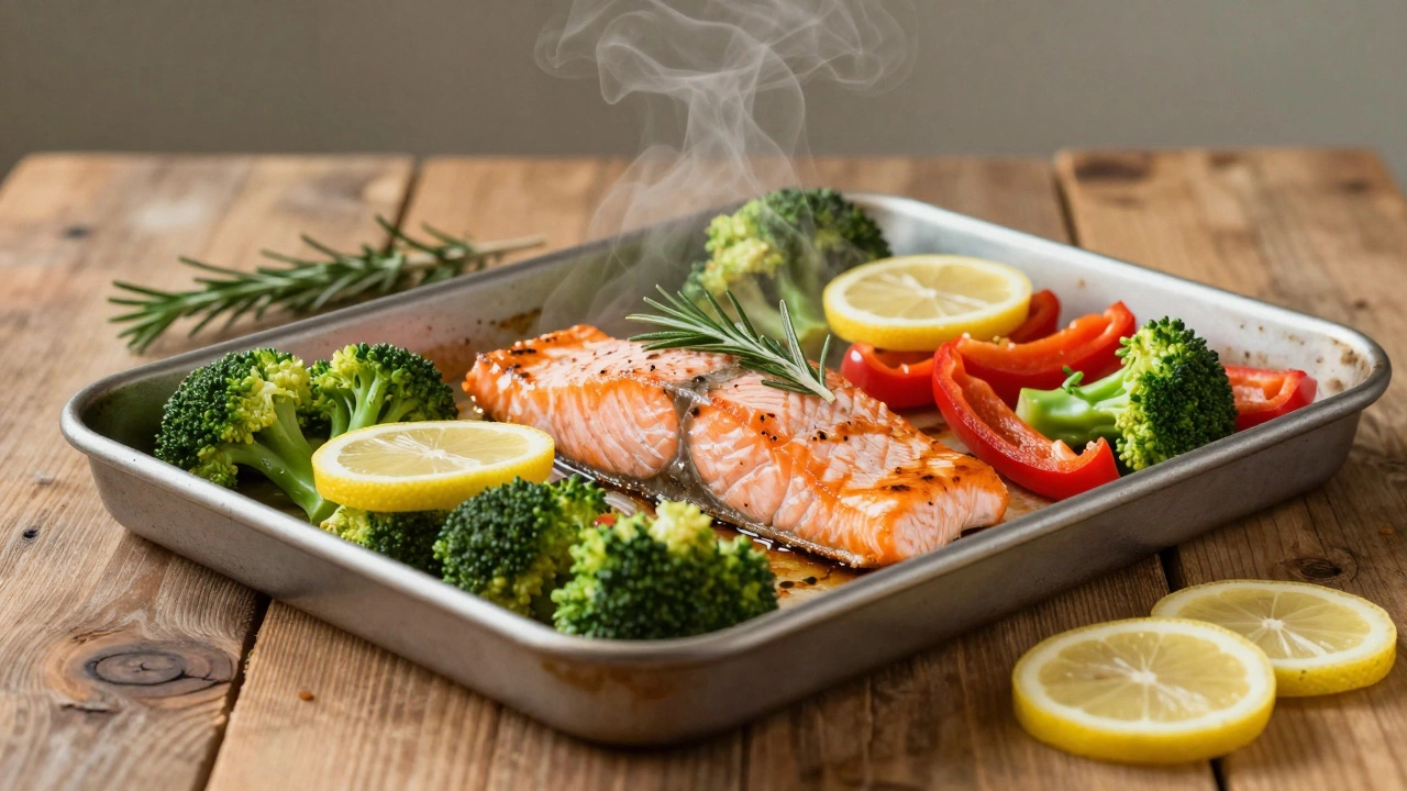 Полезный обед на одном противне: запеченное филе лосося с брокколи и болгарским перцем.