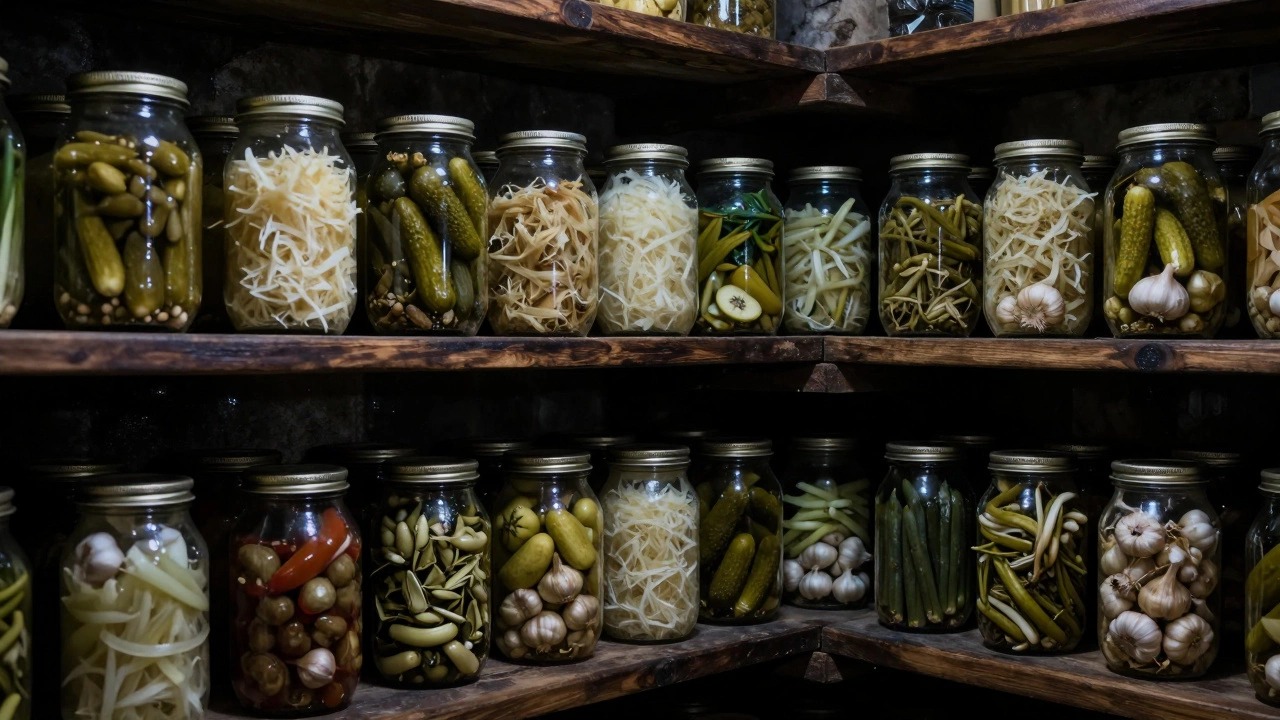 Полки с запасами консервированных овощей в прохладном темном погребе