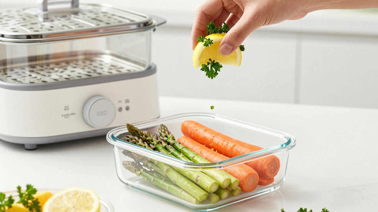 Приготовление овощей на пару с добавлением свежей зелени и лимона