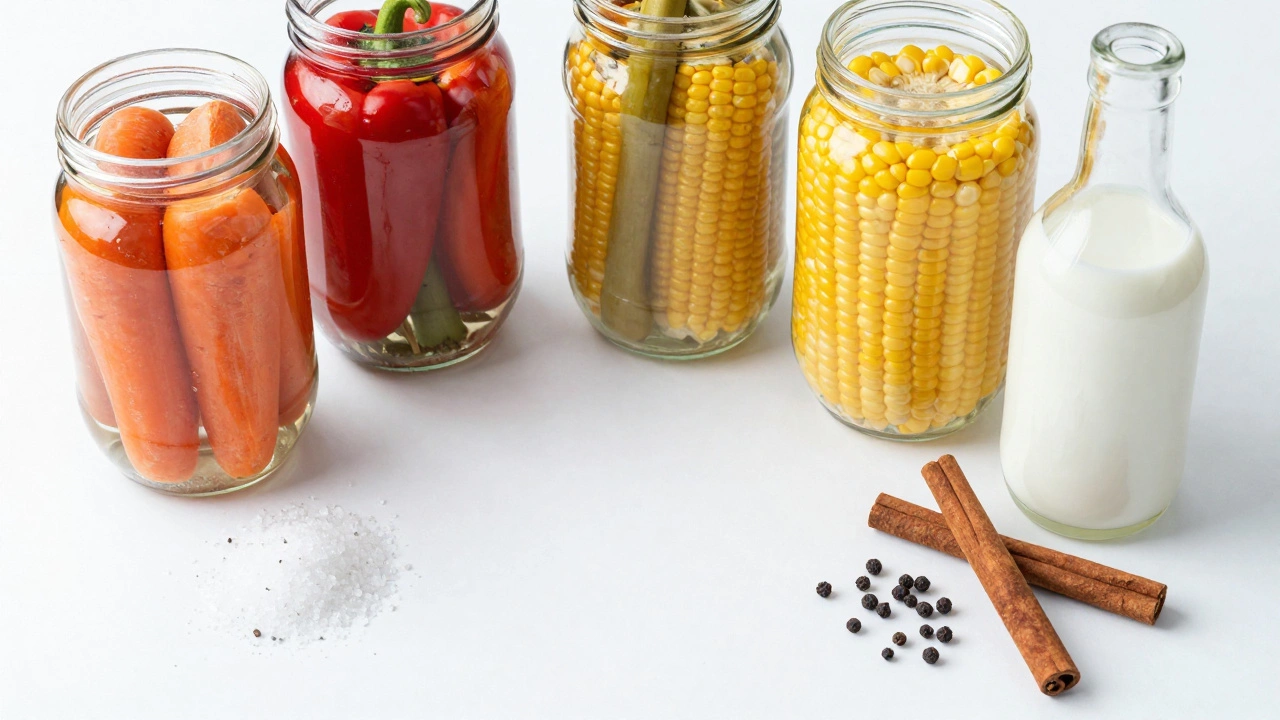 Разноцветные овощные заготовки в банках с солью и уксусом на белом фоне