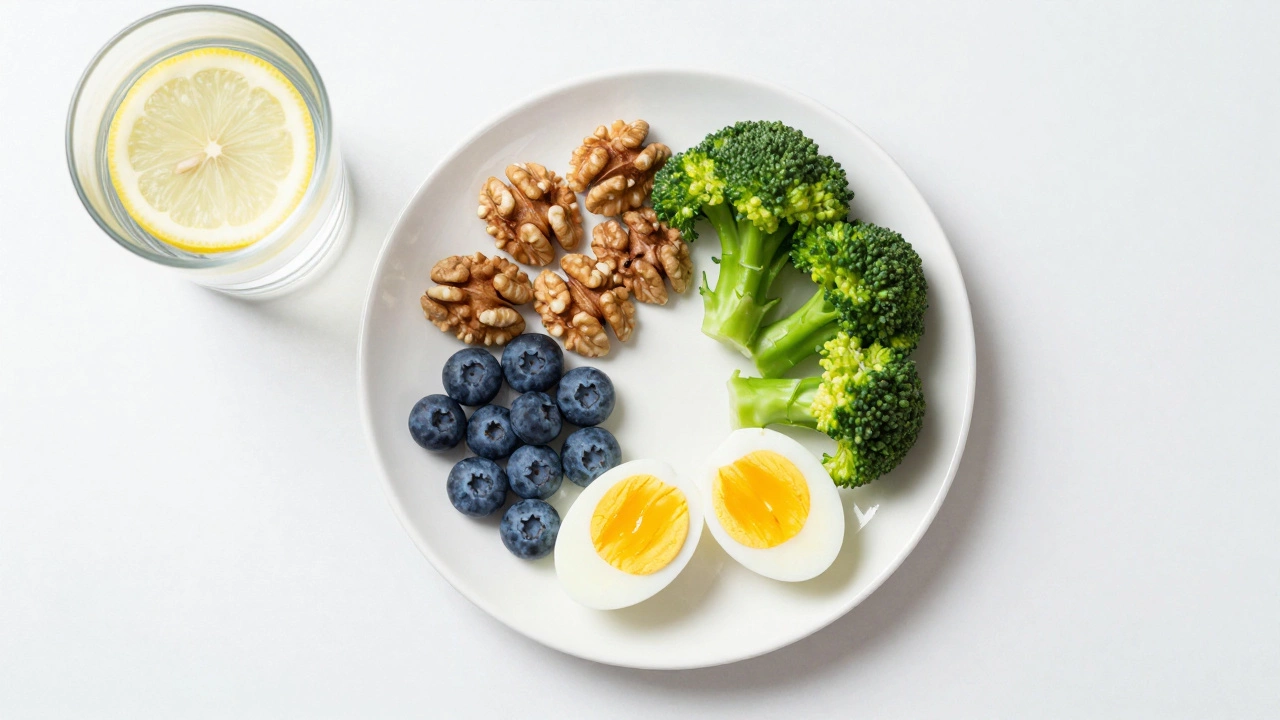 Разнообразные суперфуды на белой тарелке в виде палитры с бокалом воды