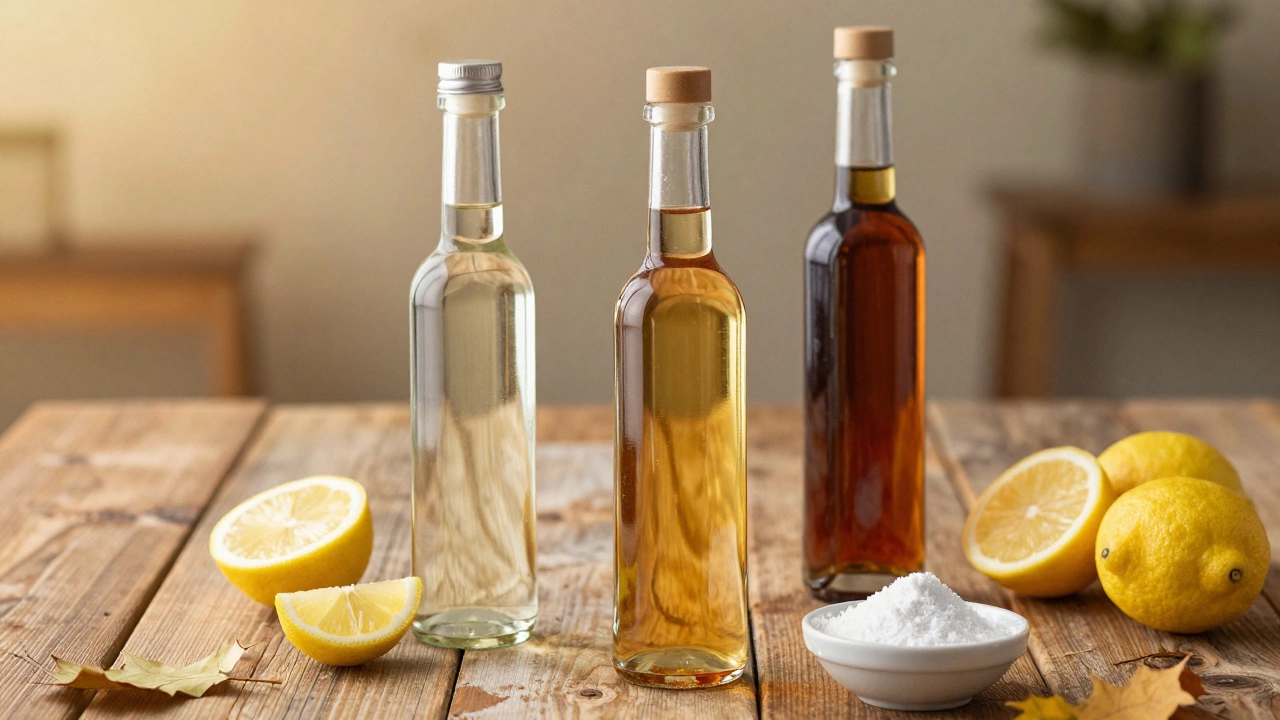 Разные виды уксуса и лимонная кислота на деревянном столе