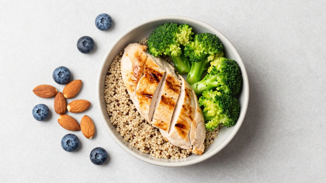 Сбалансированный прием пищи с киноа, курицей, овощами и орехами