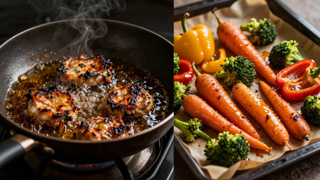 Сравнение жарки в масле и здорового запекания овощей на пергаменте в духовке.