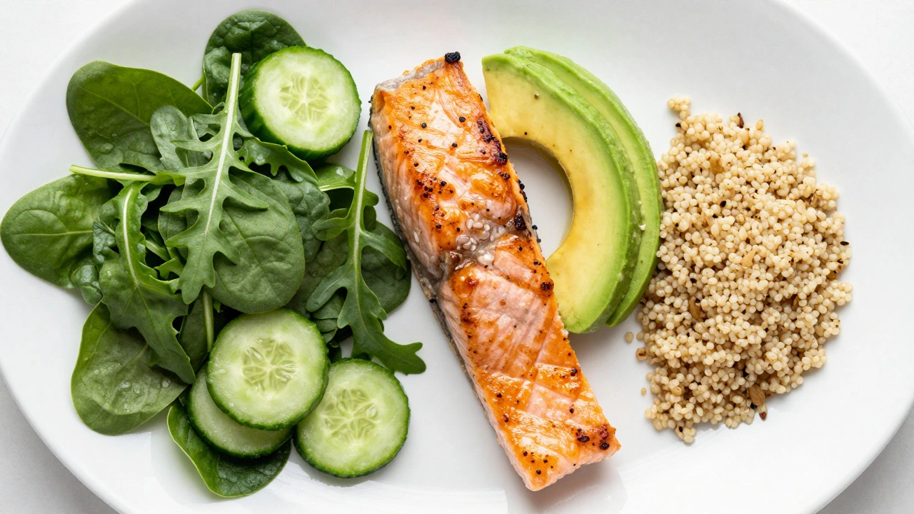 Тарелка с правильной последовательностью: салат, лосось и киноа