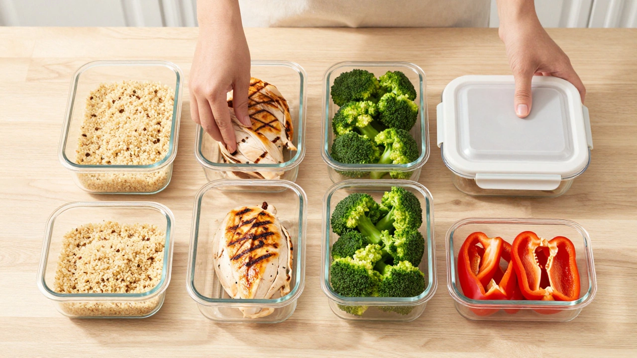 Заготовки здоровой еды в стеклянных контейнерах на деревянном столе