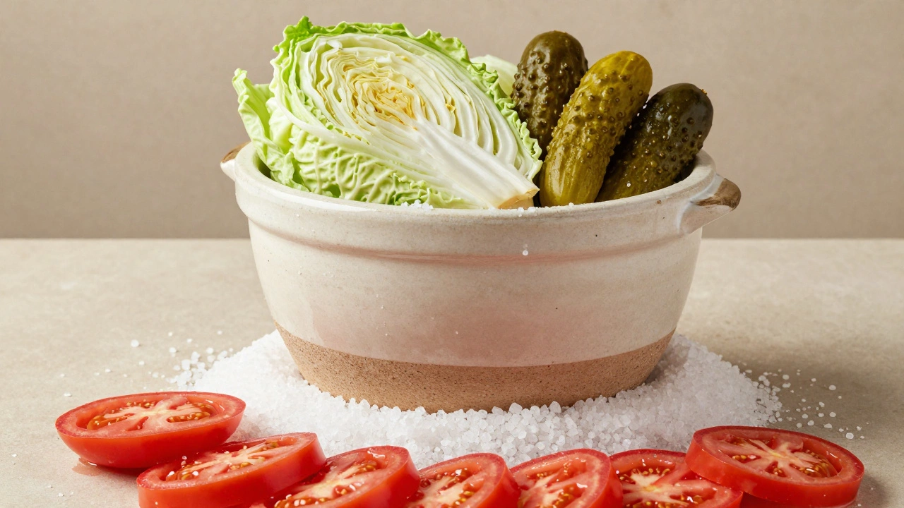Керамическая кадка с квашеной капустой и солеными огурцами, соль рядом