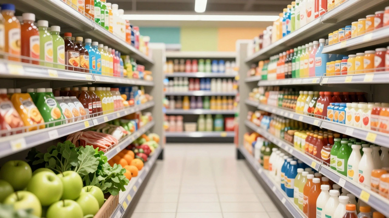 Супермаркет: свежие продукты по краям и упакованные товары в центре