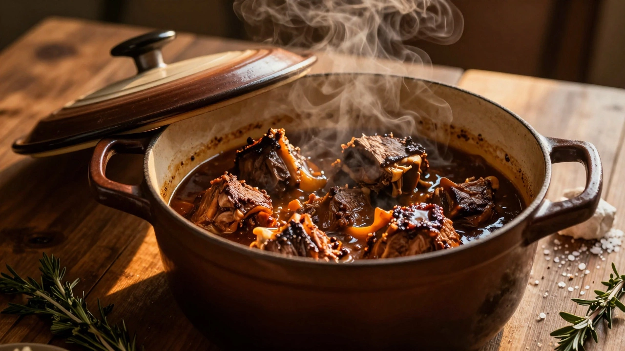 Горшочок с тушеным мясом в соусе, символизирующий длительное томление