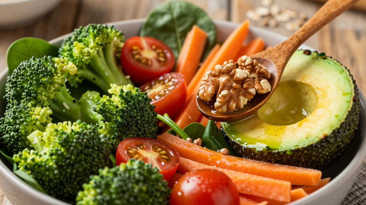Colorful salad bowl with broccoli, avocado, nuts, and olive oil