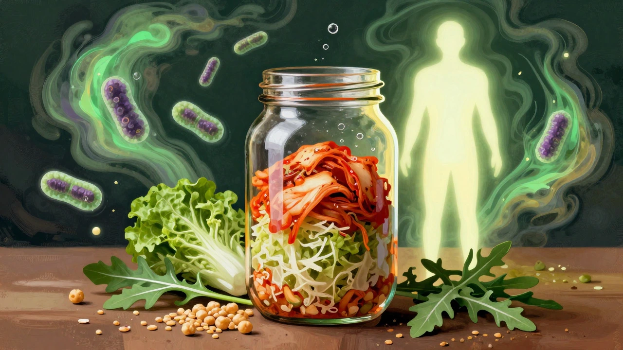 Jar of fermented sauerkraut surrounded by abstract probiotic swirls