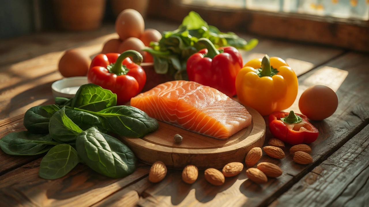 Свежие продукты на деревянном столе при естественном свете